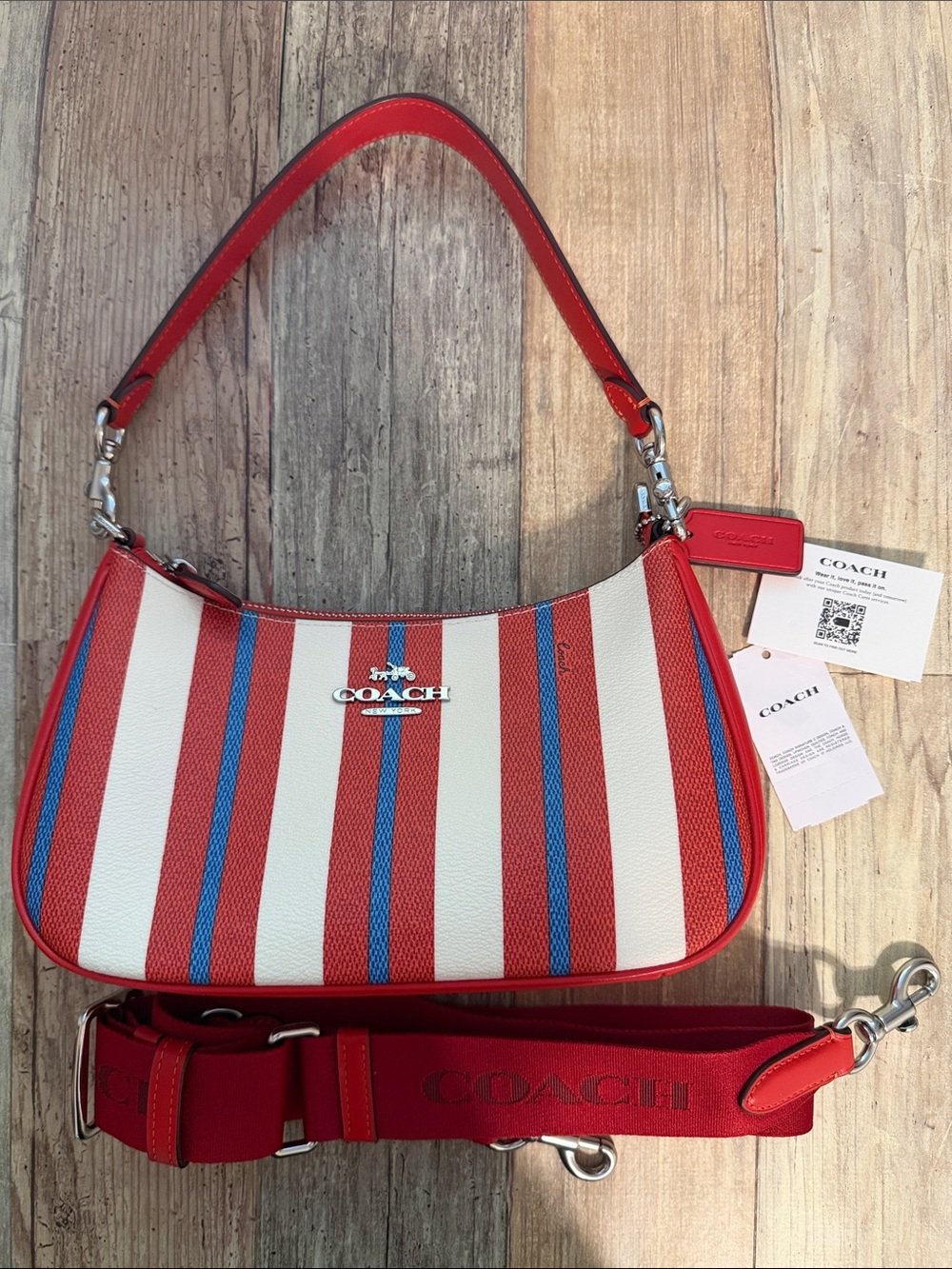 COACH Red, White & Blue Striped Teri Shoulder Bag with Removable Strap